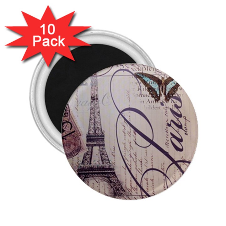 Vintage Scripts Floral Scripts Butterfly Eiffel Tower Vintage Paris Fashion 2.25  Button Magnet (10 pack)