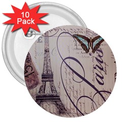 Vintage Scripts Floral Scripts Butterfly Eiffel Tower Vintage Paris Fashion 3  Button (10 Pack) by chicelegantboutique