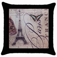 Vintage Scripts Floral Scripts Butterfly Eiffel Tower Vintage Paris Fashion Black Throw Pillow Case by chicelegantboutique