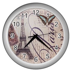 Vintage Scripts Floral Scripts Butterfly Eiffel Tower Vintage Paris Fashion Wall Clock (silver) by chicelegantboutique