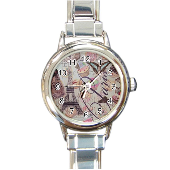 French Pastry Vintage Scripts Floral Scripts Butterfly Eiffel Tower Vintage Paris Fashion Round Italian Charm Watch