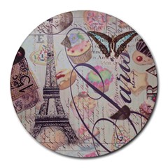 French Pastry Vintage Scripts Floral Scripts Butterfly Eiffel Tower Vintage Paris Fashion 8  Mouse Pad (round) by chicelegantboutique