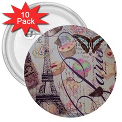 French Pastry Vintage Scripts Floral Scripts Butterfly Eiffel Tower Vintage Paris Fashion 3  Button (10 Pack) by chicelegantboutique