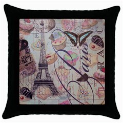 French Pastry Vintage Scripts Floral Scripts Butterfly Eiffel Tower Vintage Paris Fashion Black Throw Pillow Case by chicelegantboutique