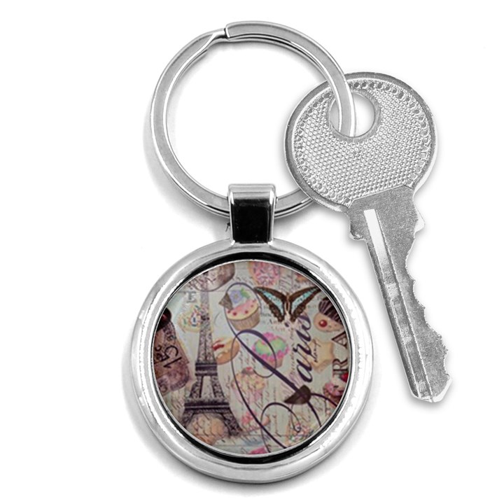 French Pastry Vintage Scripts Floral Scripts Butterfly Eiffel Tower Vintage Paris Fashion Key Chain (Round)