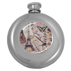 French Pastry Vintage Scripts Floral Scripts Butterfly Eiffel Tower Vintage Paris Fashion Hip Flask (round) by chicelegantboutique