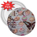 French Pastry Vintage Scripts Floral Scripts Butterfly Eiffel Tower Vintage Paris Fashion 3  Button (100 pack) Front