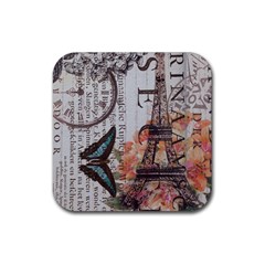 Vintage Clock Blue Butterfly Paris Eiffel Tower Fashion Drink Coaster (square) by chicelegantboutique