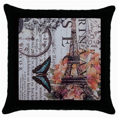 Vintage Clock Blue Butterfly Paris Eiffel Tower Fashion Black Throw Pillow Case by chicelegantboutique