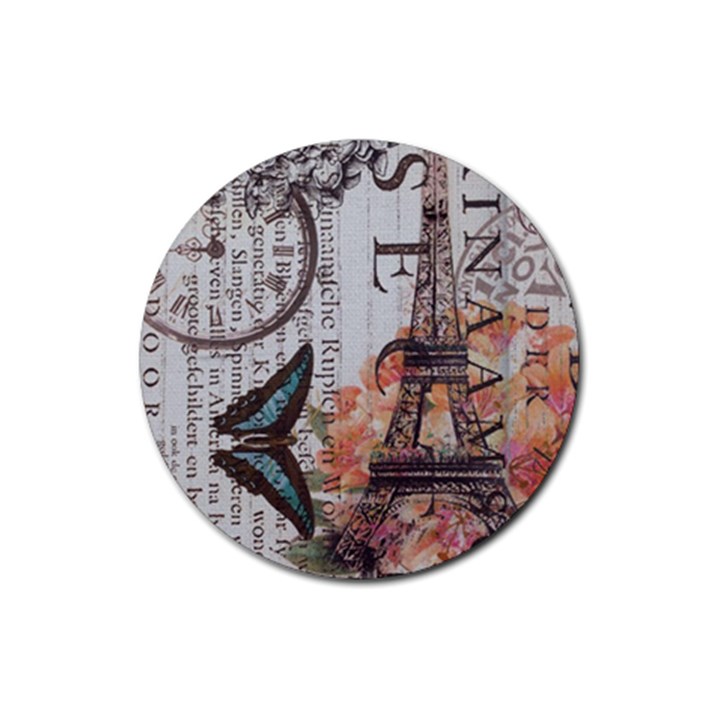 Vintage Clock Blue Butterfly Paris Eiffel Tower Fashion Drink Coasters 4 Pack (Round)