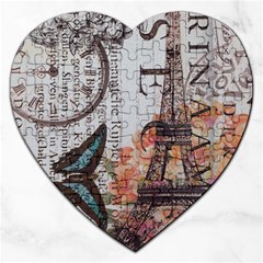 Vintage Clock Blue Butterfly Paris Eiffel Tower Fashion Jigsaw Puzzle (heart) by chicelegantboutique