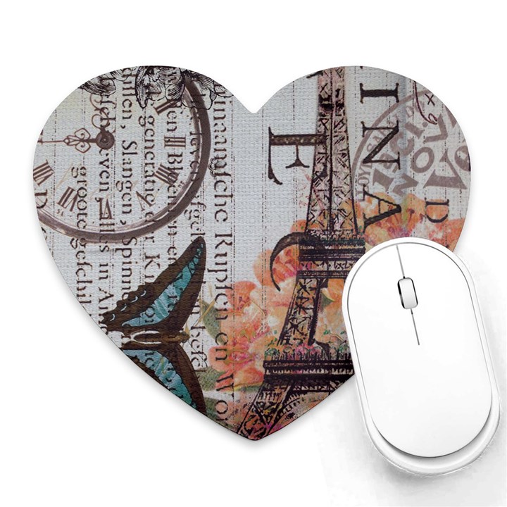 Vintage Clock Blue Butterfly Paris Eiffel Tower Fashion Mouse Pad (Heart)