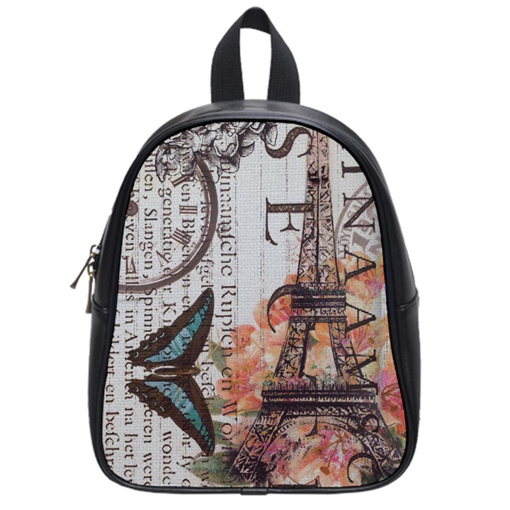 Vintage Clock Blue Butterfly Paris Eiffel Tower Fashion School Bag (Small)