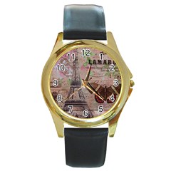 Girly Bee Crown  Butterfly Paris Eiffel Tower Fashion Round Metal Watch (gold Rim)  by chicelegantboutique