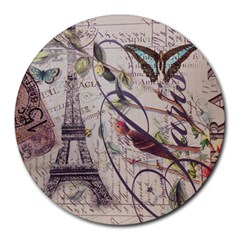 Paris Eiffel Tower Vintage Bird Butterfly French Botanical Art 8  Mouse Pad (round) by chicelegantboutique