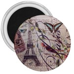 Paris Eiffel Tower Vintage Bird Butterfly French Botanical Art 3  Button Magnet Front