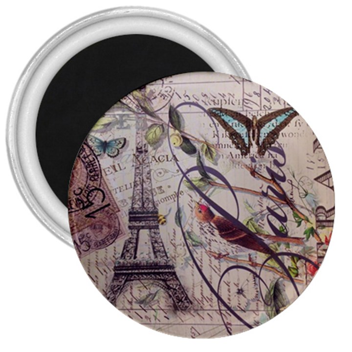 Paris Eiffel Tower Vintage Bird Butterfly French Botanical Art 3  Button Magnet