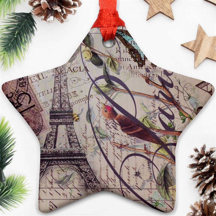 Paris Eiffel Tower Vintage Bird Butterfly French Botanical Art Star Ornament