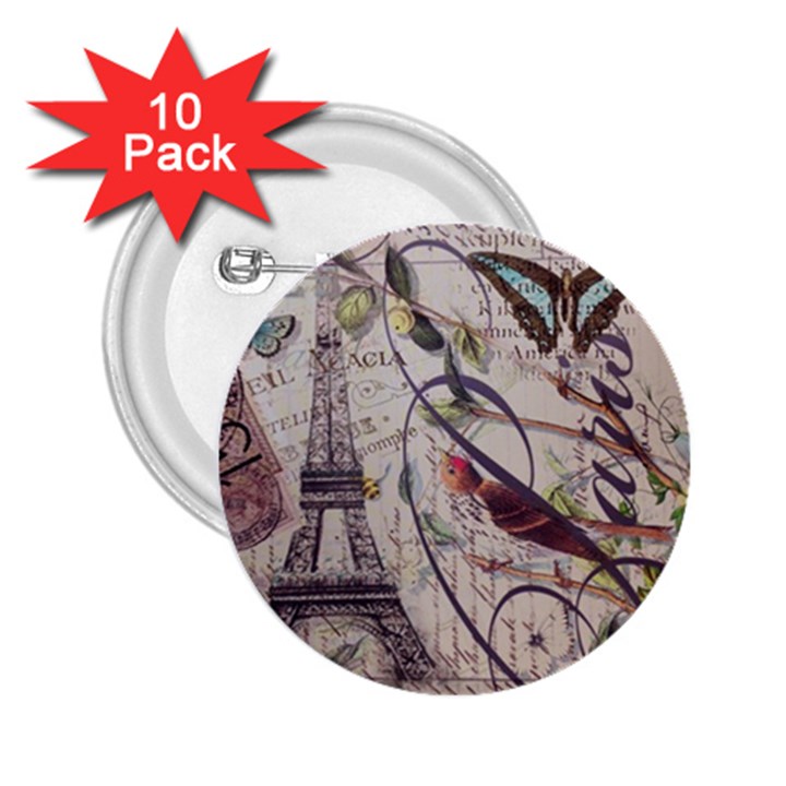 Paris Eiffel Tower Vintage Bird Butterfly French Botanical Art 2.25  Button (10 pack)