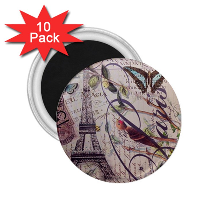 Paris Eiffel Tower Vintage Bird Butterfly French Botanical Art 2.25  Button Magnet (10 pack)