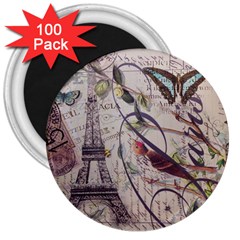 Paris Eiffel Tower Vintage Bird Butterfly French Botanical Art 3  Button Magnet (100 Pack) by chicelegantboutique