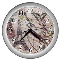 Paris Eiffel Tower Vintage Bird Butterfly French Botanical Art Wall Clock (silver) by chicelegantboutique