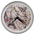 Paris Eiffel Tower Vintage Bird Butterfly French Botanical Art Wall Clock (Silver) Front