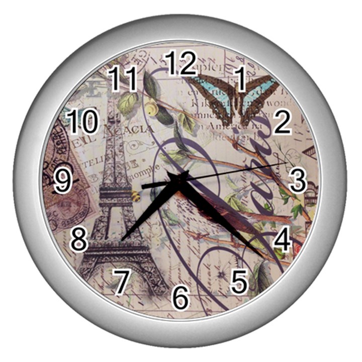 Paris Eiffel Tower Vintage Bird Butterfly French Botanical Art Wall Clock (Silver)