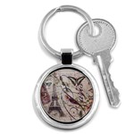 Paris Eiffel Tower Vintage Bird Butterfly French Botanical Art Key Chain (Round) Front