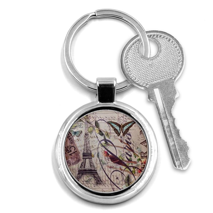 Paris Eiffel Tower Vintage Bird Butterfly French Botanical Art Key Chain (Round)