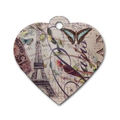 Paris Eiffel Tower Vintage Bird Butterfly French Botanical Art Dog Tag Heart (two Sided) by chicelegantboutique