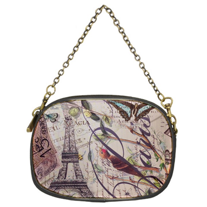 Paris Eiffel Tower Vintage Bird Butterfly French Botanical Art Chain Purse (Two Sided) 