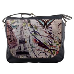 Paris Eiffel Tower Vintage Bird Butterfly French Botanical Art Messenger Bag by chicelegantboutique