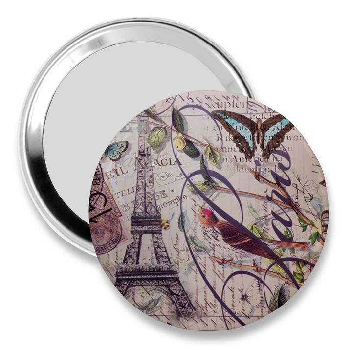 Paris Eiffel Tower Vintage Bird Butterfly French Botanical Art 3  Handbag Mirror