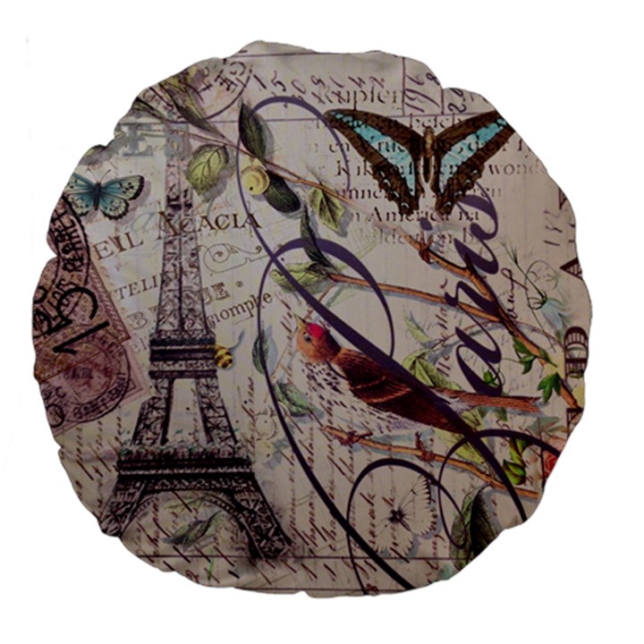 Paris Eiffel Tower Vintage Bird Butterfly French Botanical Art 18  Premium Round Cushion 