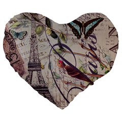 Paris Eiffel Tower Vintage Bird Butterfly French Botanical Art 19  Premium Heart Shape Cushion by chicelegantboutique