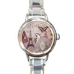 White Peacock Paris Eiffel Tower Vintage Bird Butterfly French Botanical Art Round Italian Charm Watch by chicelegantboutique