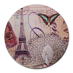 White Peacock Paris Eiffel Tower Vintage Bird Butterfly French Botanical Art 8  Mouse Pad (round) by chicelegantboutique