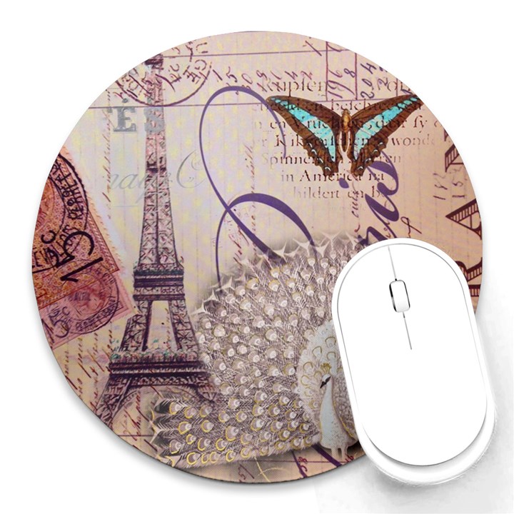 White Peacock Paris Eiffel Tower Vintage Bird Butterfly French Botanical Art 8  Mouse Pad (Round)