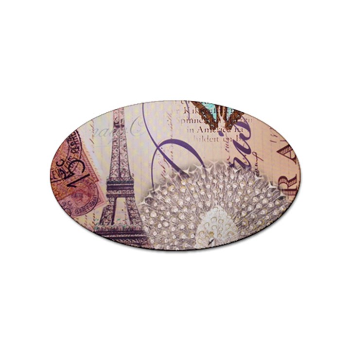 White Peacock Paris Eiffel Tower Vintage Bird Butterfly French Botanical Art Sticker (Oval)