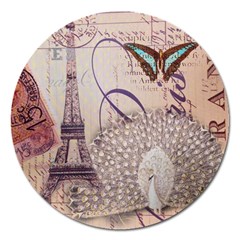 White Peacock Paris Eiffel Tower Vintage Bird Butterfly French Botanical Art Magnet 5  (round) by chicelegantboutique