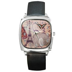 White Peacock Paris Eiffel Tower Vintage Bird Butterfly French Botanical Art Square Leather Watch by chicelegantboutique