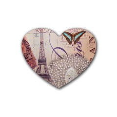 White Peacock Paris Eiffel Tower Vintage Bird Butterfly French Botanical Art Drink Coasters 4 Pack (heart)  by chicelegantboutique