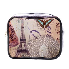 White Peacock Paris Eiffel Tower Vintage Bird Butterfly French Botanical Art Mini Travel Toiletry Bag (one Side) by chicelegantboutique