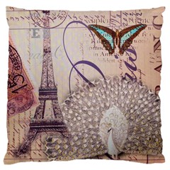 White Peacock Paris Eiffel Tower Vintage Bird Butterfly French Botanical Art Large Cushion Case (two Sided) 