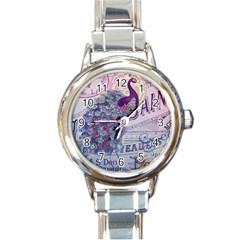 French Scripts  Purple Peacock Floral Paris Decor Round Italian Charm Watch by chicelegantboutique