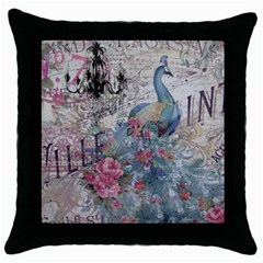 French Vintage Chandelier Blue Peacock Floral Paris Decor Black Throw Pillow Case by chicelegantboutique