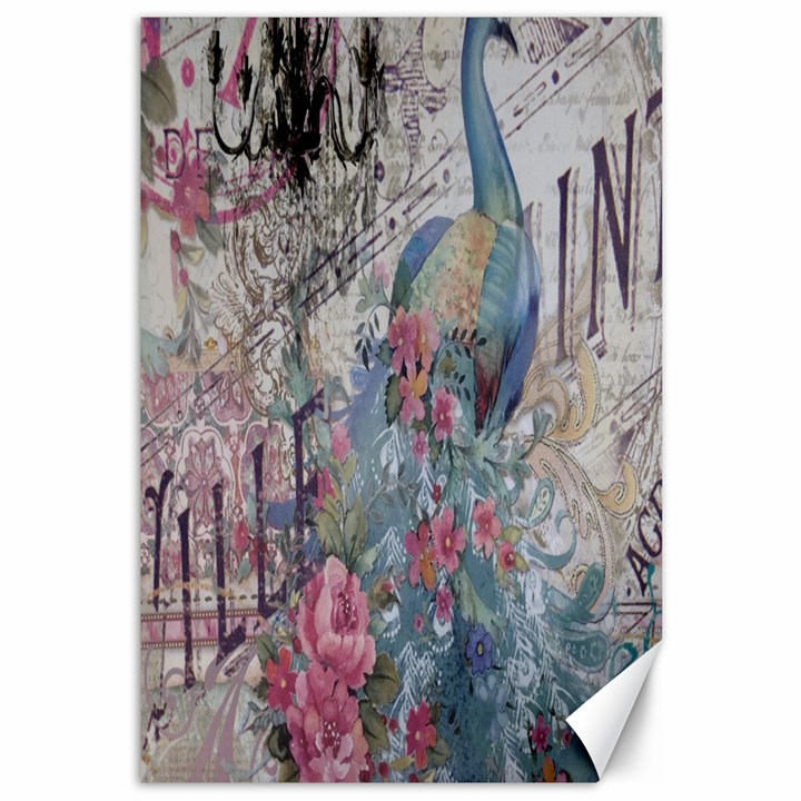 French Vintage Chandelier Blue Peacock Floral Paris Decor Canvas 12  x 18  (Unframed)