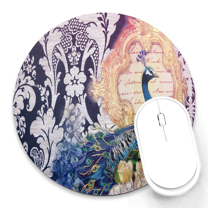 Damask French Scripts  Purple Peacock Floral Paris Decor 8  Mouse Pad (Round)