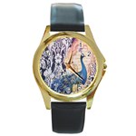 Damask French Scripts  Purple Peacock Floral Paris Decor Round Metal Watch (Gold Rim)  Front